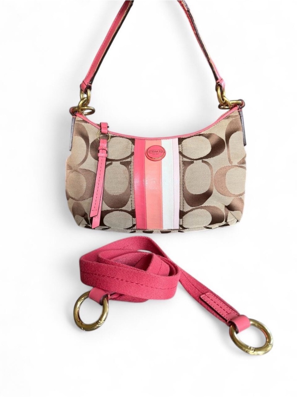 Coach Beige Signature Canvas Shoulder Bag with Pink Stripes - Picture 3 of 15